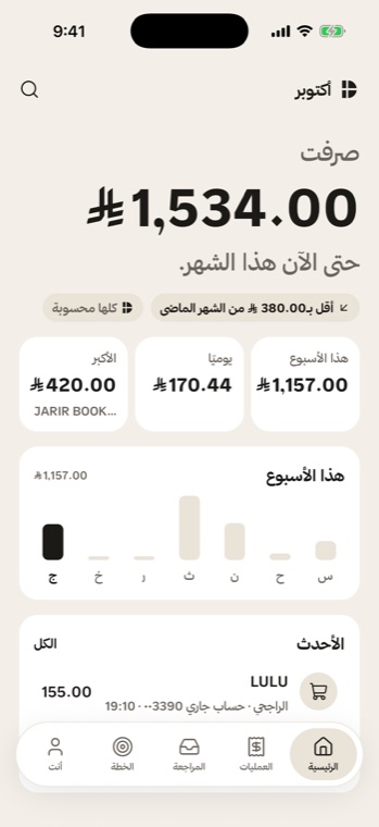 الشاشة الرئيسية في ديرها: صرفت 1,534 ريال حتى الآن هذا الشهر، أقل بـ380 من الشهر الماضي